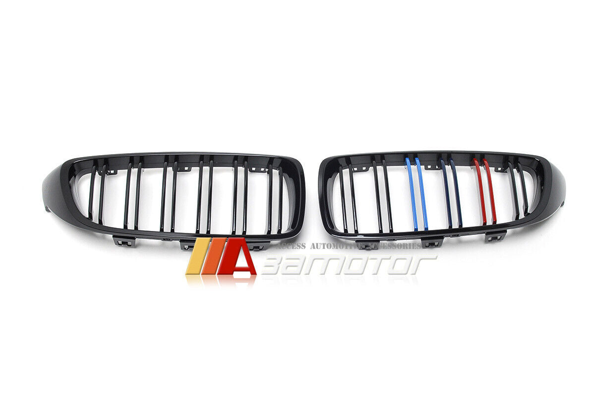 Gloss Black Dual Slat Style Front Grilles w/ M Color fit for 2014-2020 BMW F32 F33 F36 4-Series / F80 M3 / F82 M4