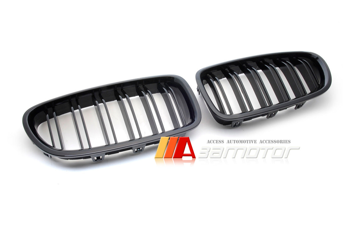 Front Hood Dual Slat Gloss Black Kidney Grilles Set fit for 2011-2016 BMW F10 / F11 5-Series