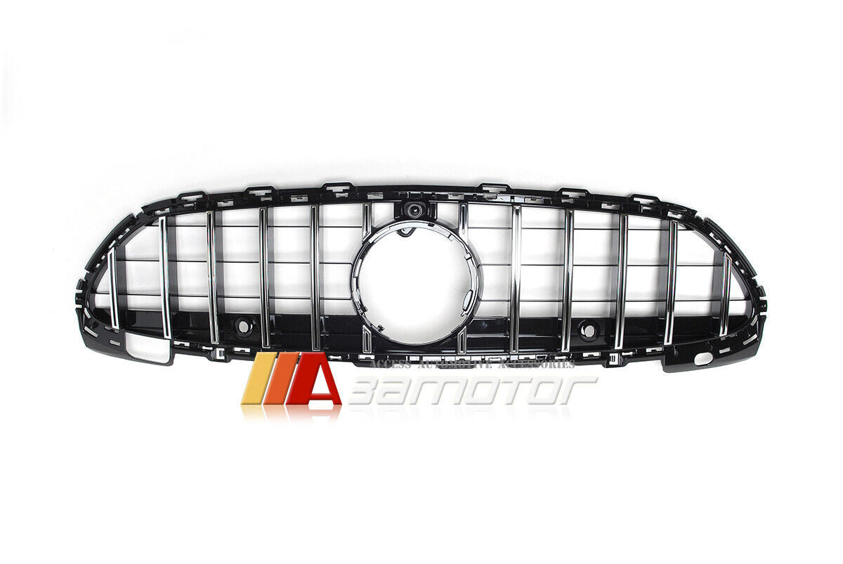 Black GT Style Front Grille with Chrome Slats fit for 2021-2023 Mercedes W206 / S206 / C206 / A206 AMG C-Class