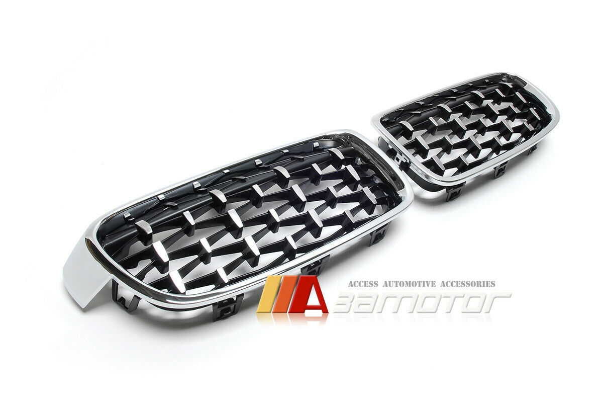 Silver Diamond Chrome Front Kidney Grilles Set fits 2012-2019 BMW F30 / F31 3-Series