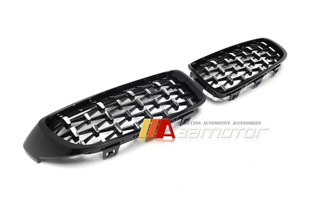 Gloss Black Front Grilles Set w/ Silver Diamonds fit for 2014-2020 BMW F32 F33 F36 4-Series / F80 M3 / F82 M4