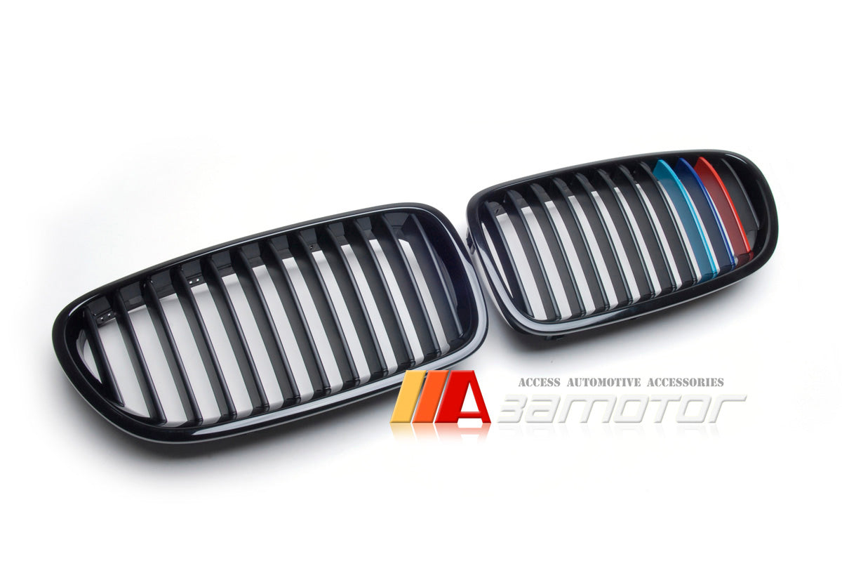 Front Hood Gloss Black Kidney Grilles with M Color fit for 2011-2016 BMW F10 / F11 5-Series