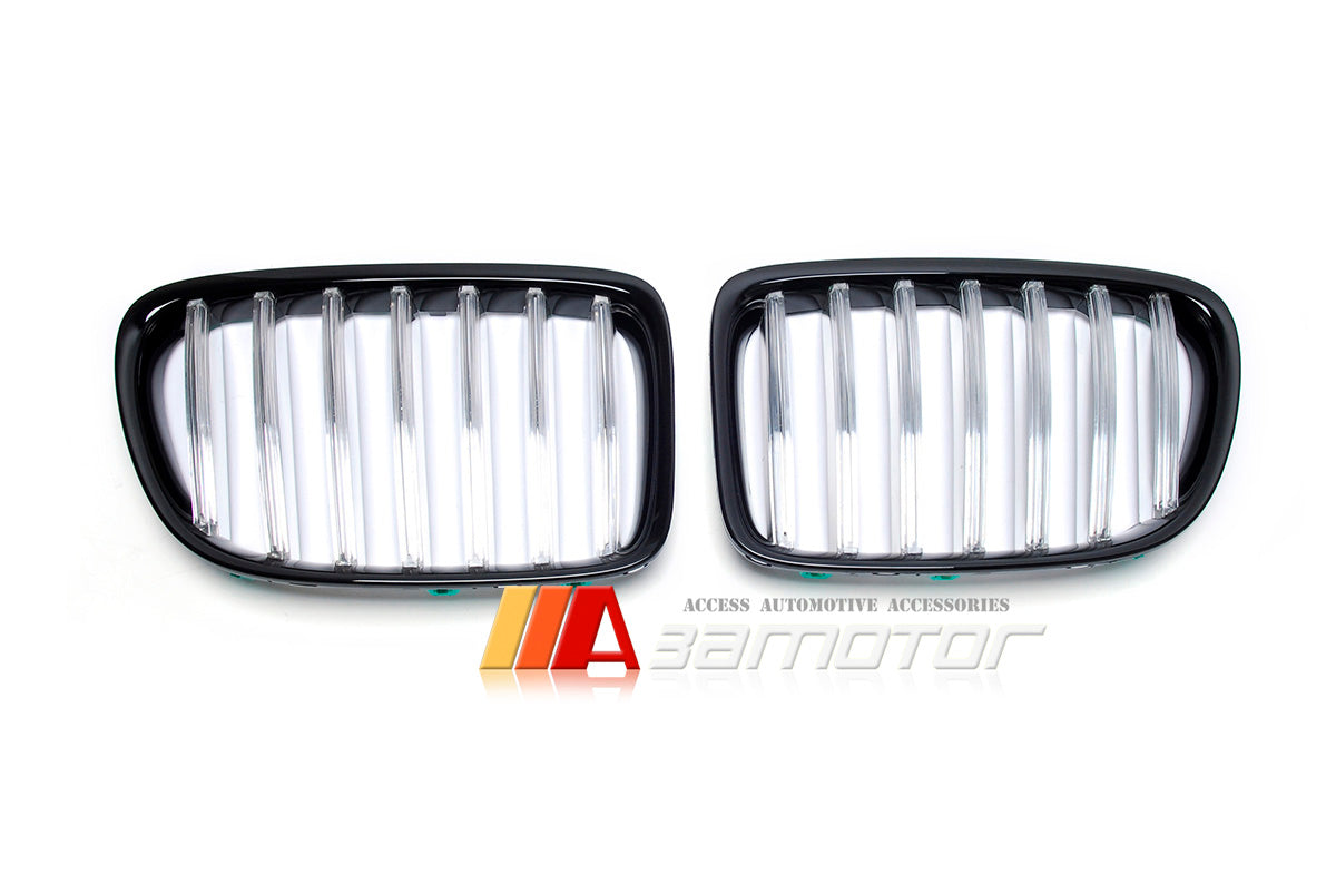 Gloss Black Front Kidney Grilles w/ Blue LED Light fit for 2009-2014 BMW E84 X1