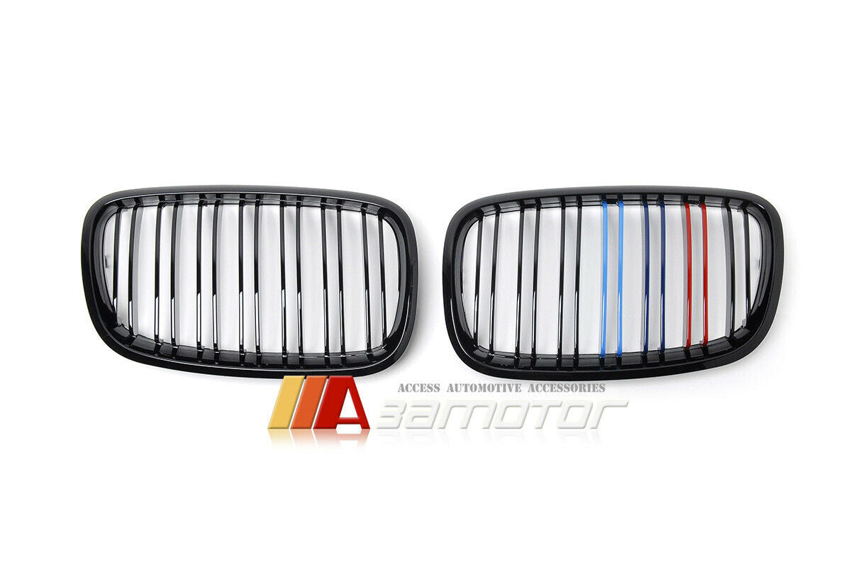 Gloss Black Dual Slat Front Kidney Grilles w/ M-Color fit for 2007-2013 BMW X5 E70 / 2008-2014 X6 E71