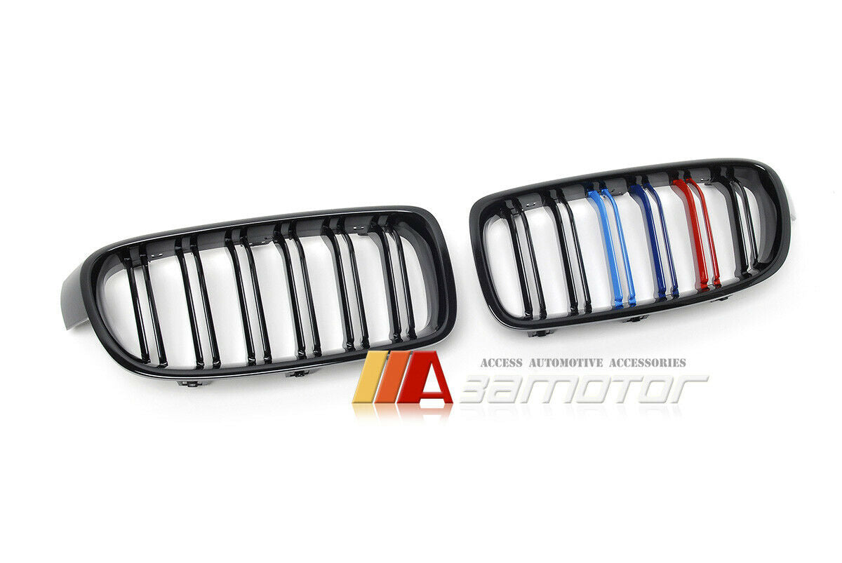 Gloss Black Dual Slat Kidney Grilles w/ M-Color fit for 2012-2018 BMW F30 / F31 3-Series