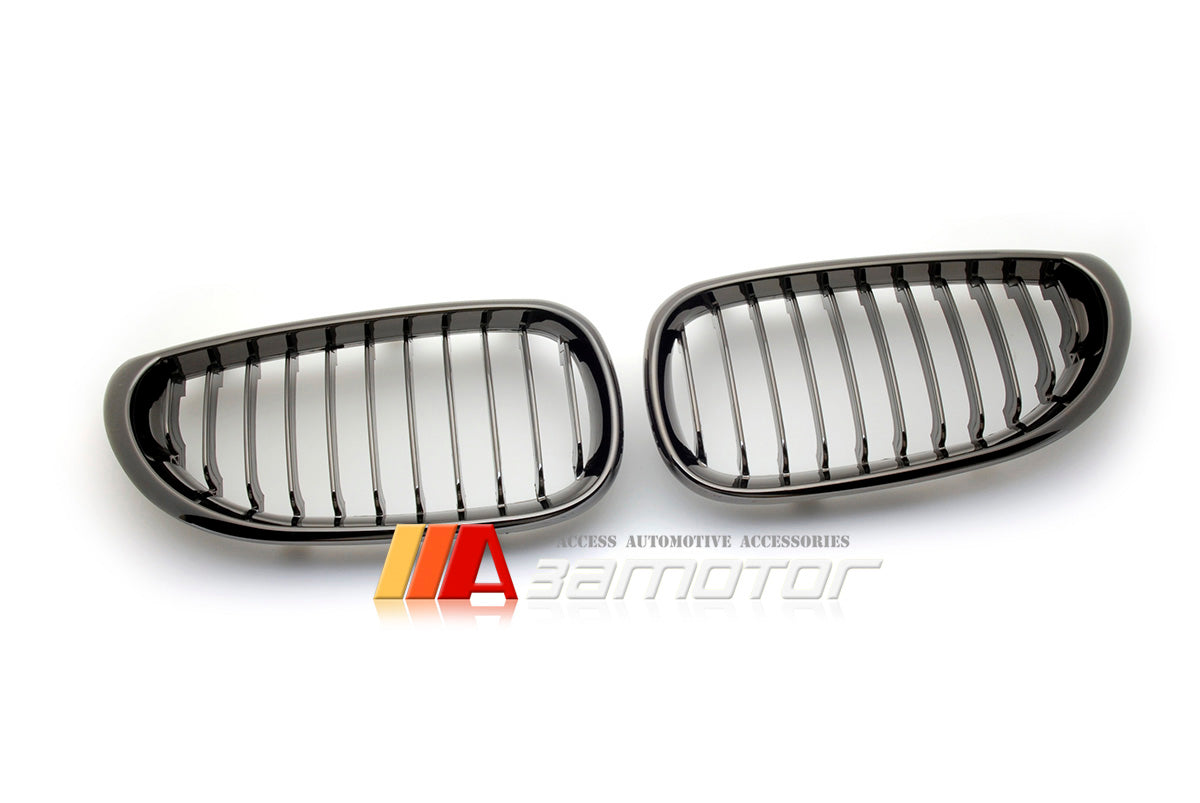 Black Chrome Finish Front Kidney Grilles Set fit for 2004-2010 BMW E60 / E61 5-Series & E60 M5