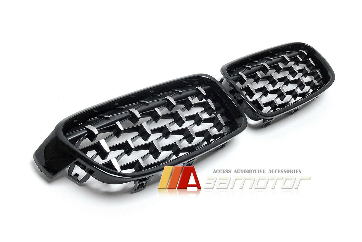 Gloss Black Diamond Front Kidney Grilles Set fit for 2012-2019 BMW F30 / F31 3-Series