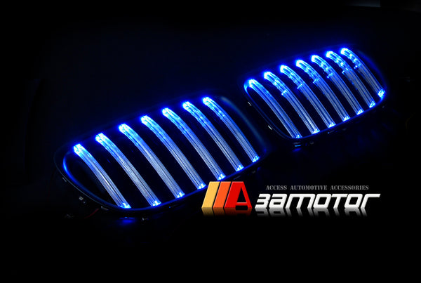 Matte Black Front Kidney Grilles w/ Blue LED Light fit for 2009-2014 BMW E84 X1