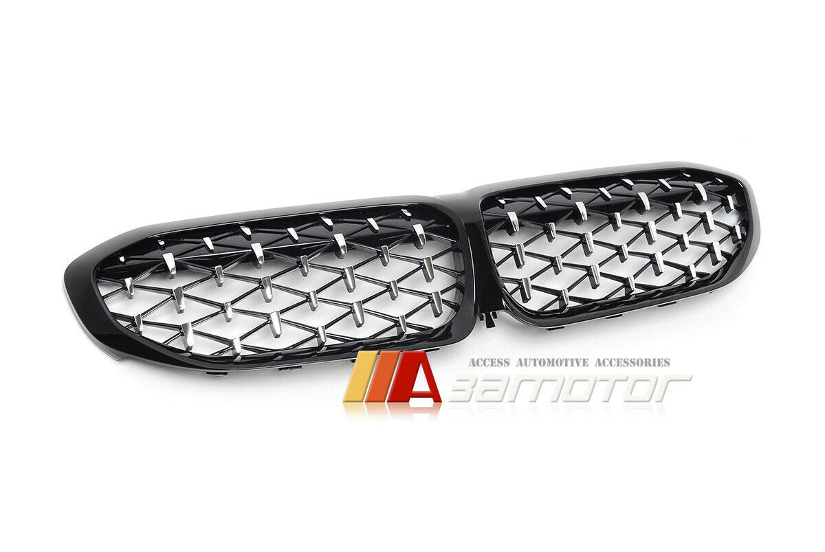 Gloss Black Silver Diamonds Front Grille fit for 2019-2022 BMW G20 / G21 3-Series