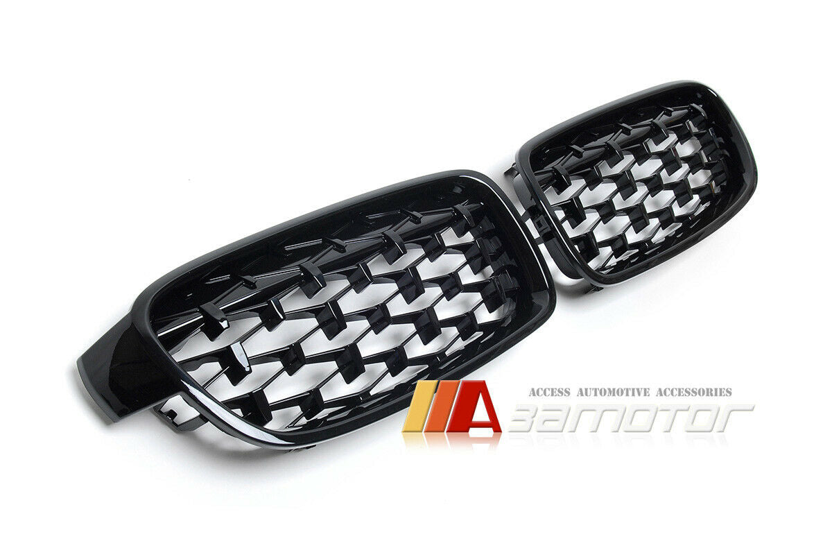 All Gloss Black Diamond Front Kidney Grilles Set fit for 2012-2019 BMW F30 / F31 3-Series