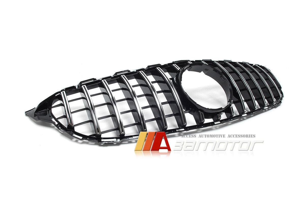 Black GT Front Style Grille w/ Chrome Slats fit for 2015-2018 Mercedes W205 / S205 / C205 / A205 C-Class