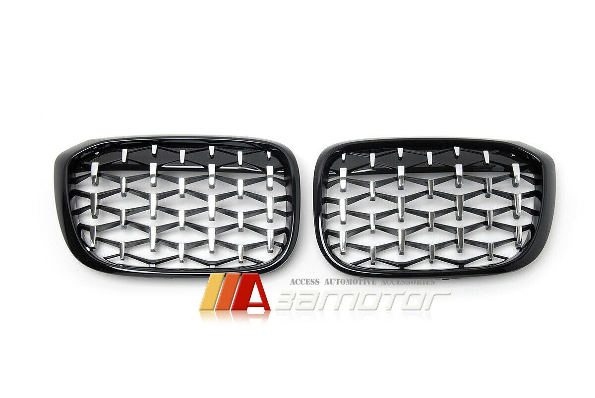 Gloss Black Silver Diamonds Front Kidney Grilles Set fit for 2018-2021 BMW G01 X3 / G02 X4