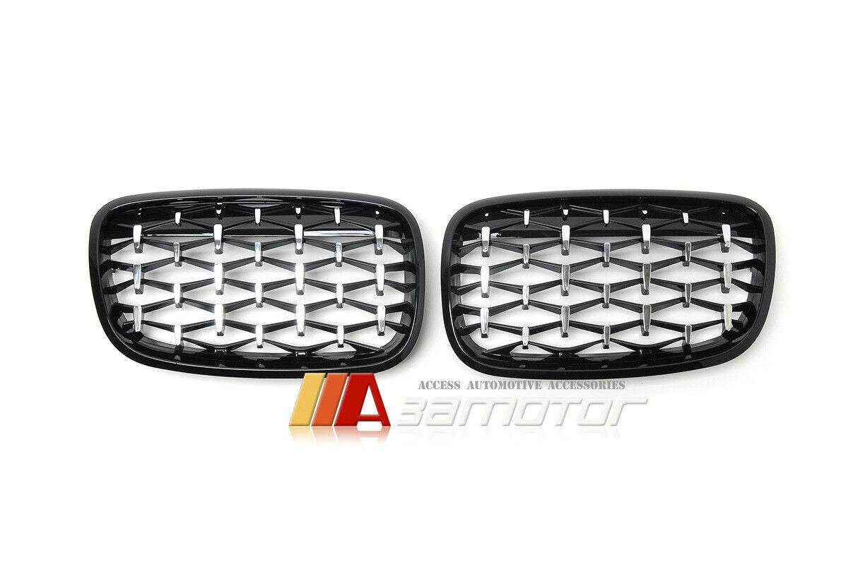 Gloss Black Silver Diamonds Front Kidney Grille Set fit for 2007-2013 BMW X5 E70 / 2008-2014 X6 E71