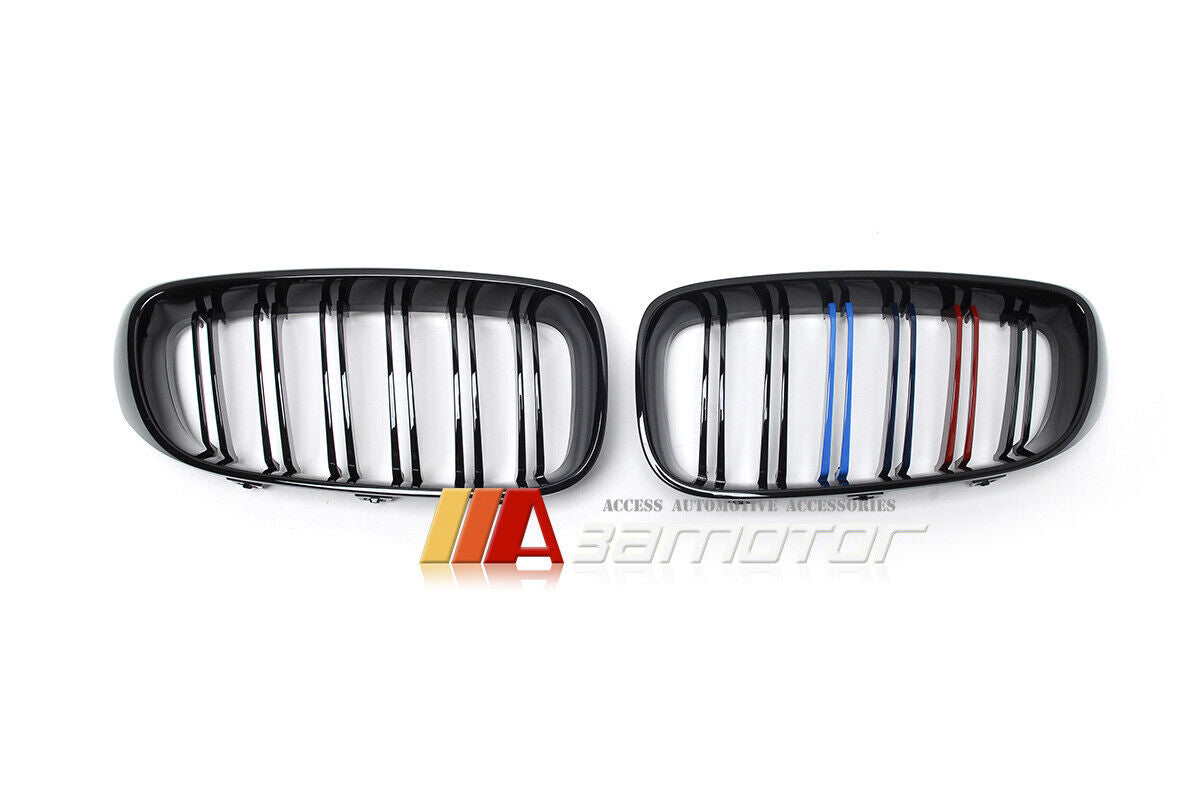 Gloss Black Dual Slat Style Front Grilles w/ M-Color fit for 2014-2016 BMW F34 3-Series GT