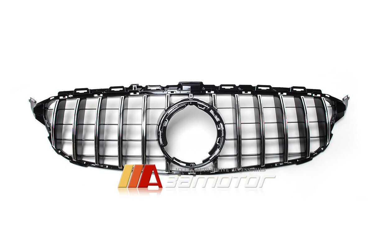 Black GT Style Front Grille with Chrome Slats fit for 2019-2021 Mercedes W205 / S205 / C205 / A205 C-Class
