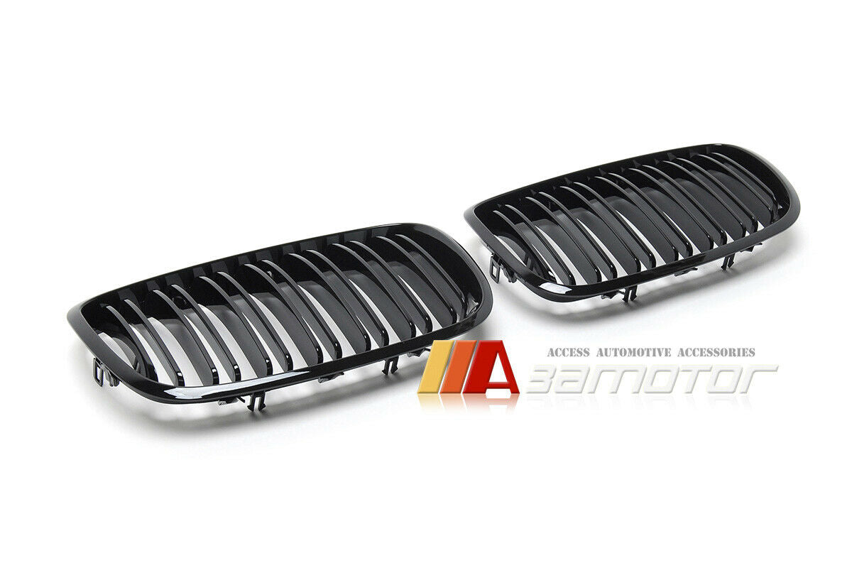 Gloss Black Dual Slat Front Kidney Grilles Set fit for 2007-2013 BMW X5 E70 / 2008-2014 X6 E71