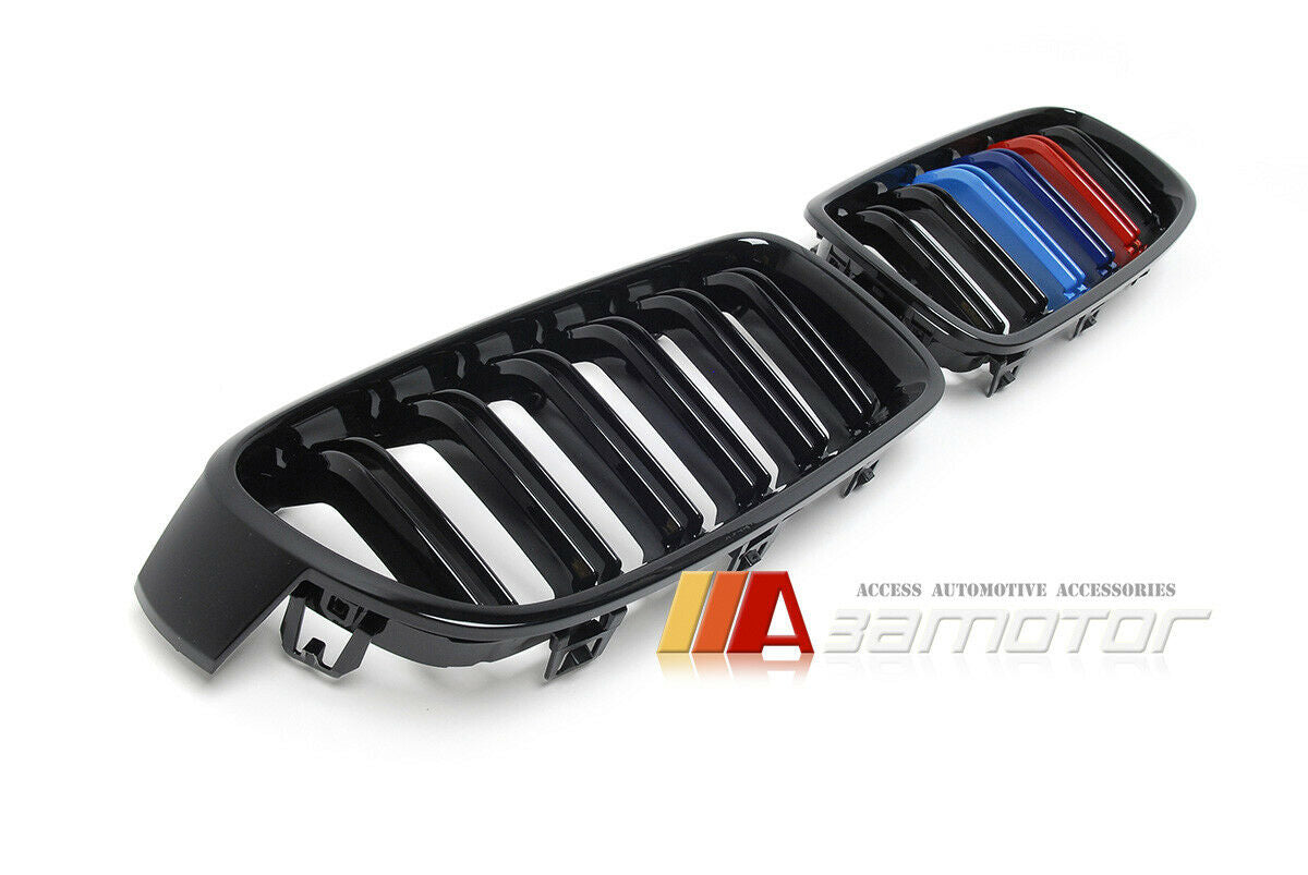 Gloss Black Dual Slat Kidney Grilles w/ M-Color fit for 2012-2018 BMW F30 / F31 3-Series