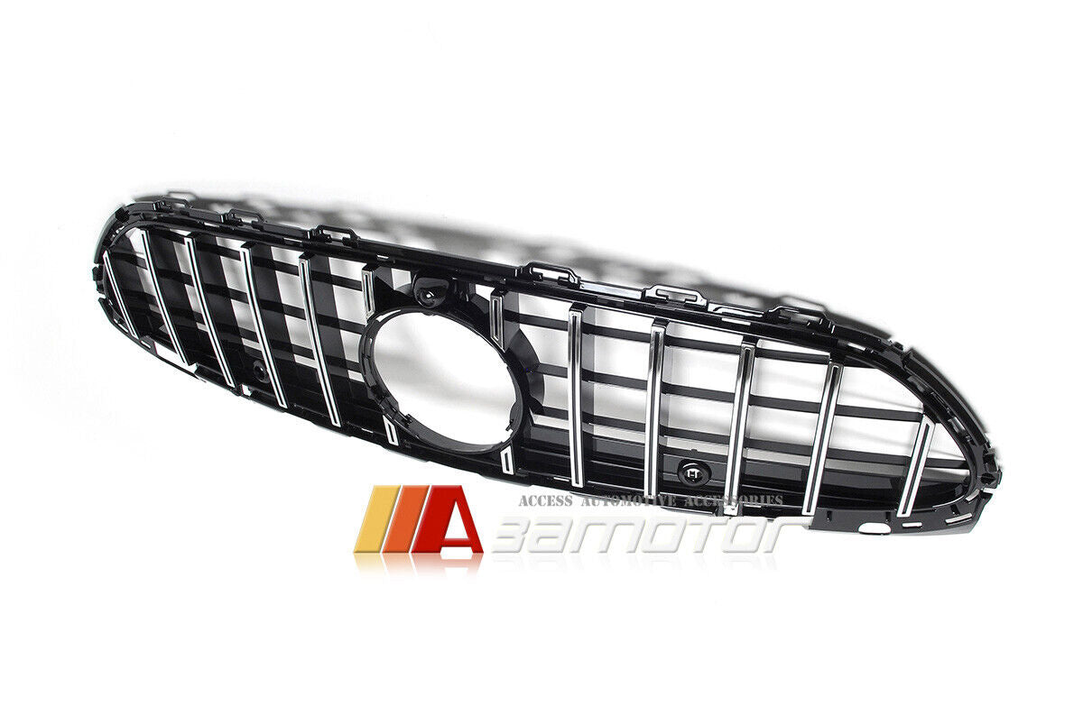 Black GT Style Front Grille with Chrome Slats fit for 2021-2023 Mercedes W206 / S206 / C206 / A206 AMG C-Class