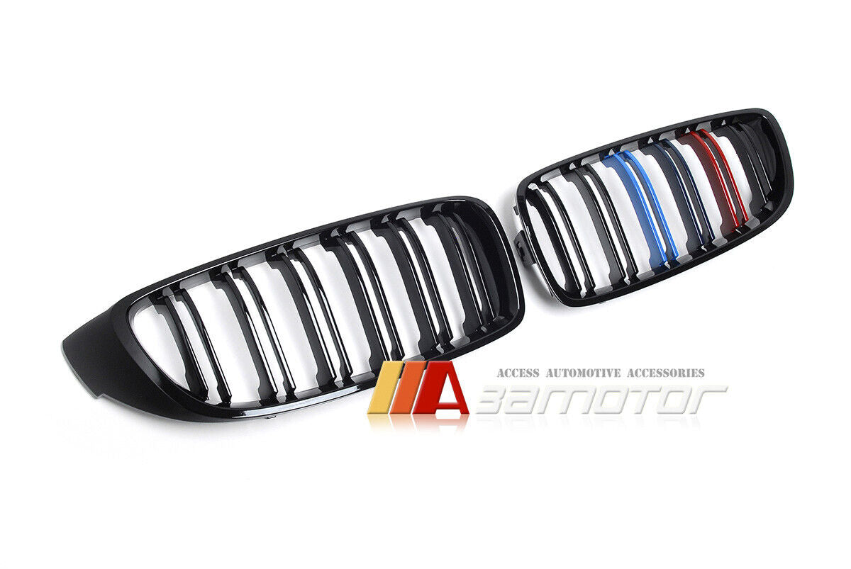 Gloss Black Dual Slat Style Front Grilles w/ M Color fit for 2014-2020 BMW F32 F33 F36 4-Series / F80 M3 / F82 M4