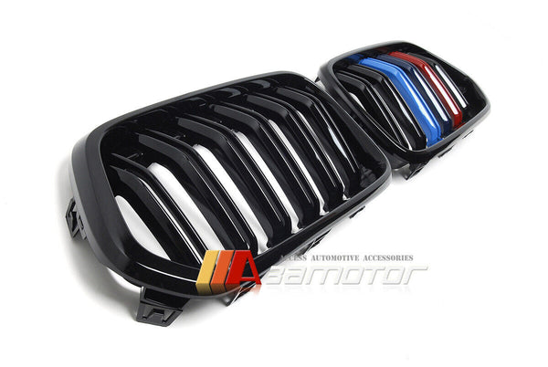 Gloss Black Dual Slat Style Front Kidney Grilles Set w/ M Color fit for 2018-2021 BMW X2 F39