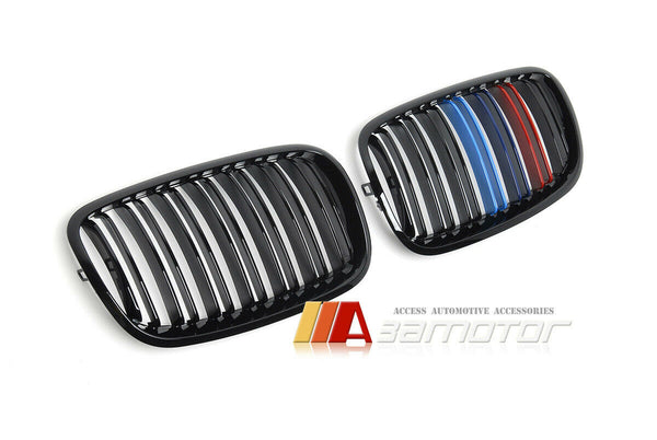 Gloss Black Dual Slat Front Kidney Grilles w/ M-Color fit for 2007-2013 BMW X5 E70 / 2008-2014 X6 E71