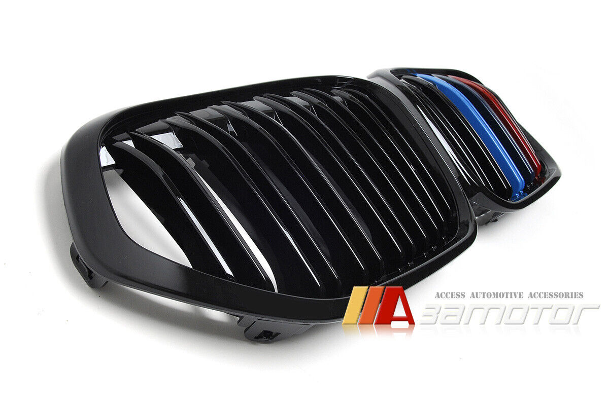 Gloss Black Dual Slat Style Front Grille w/ M-Color fit for 2019-2022 BMW F48 LCI X1 SUV