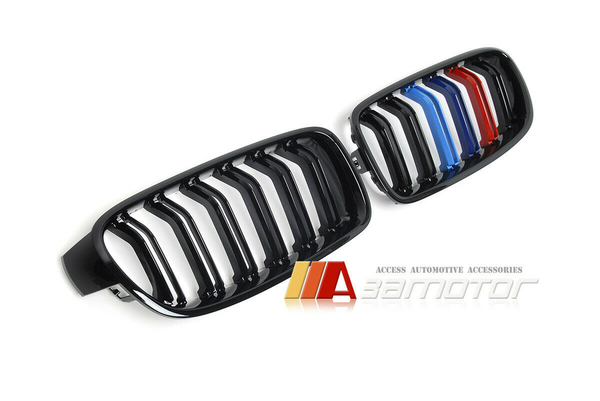 Gloss Black Dual Slat Kidney Grilles w/ M-Color fit for 2012-2018 BMW F30 / F31 3-Series