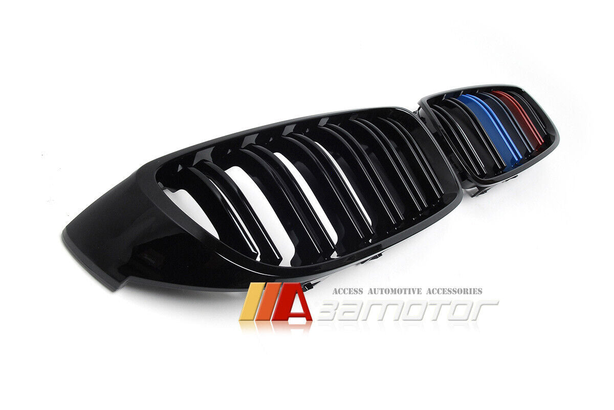 Gloss Black Dual Slat Style Front Grilles w/ M Color fit for 2014-2020 BMW F32 F33 F36 4-Series / F80 M3 / F82 M4