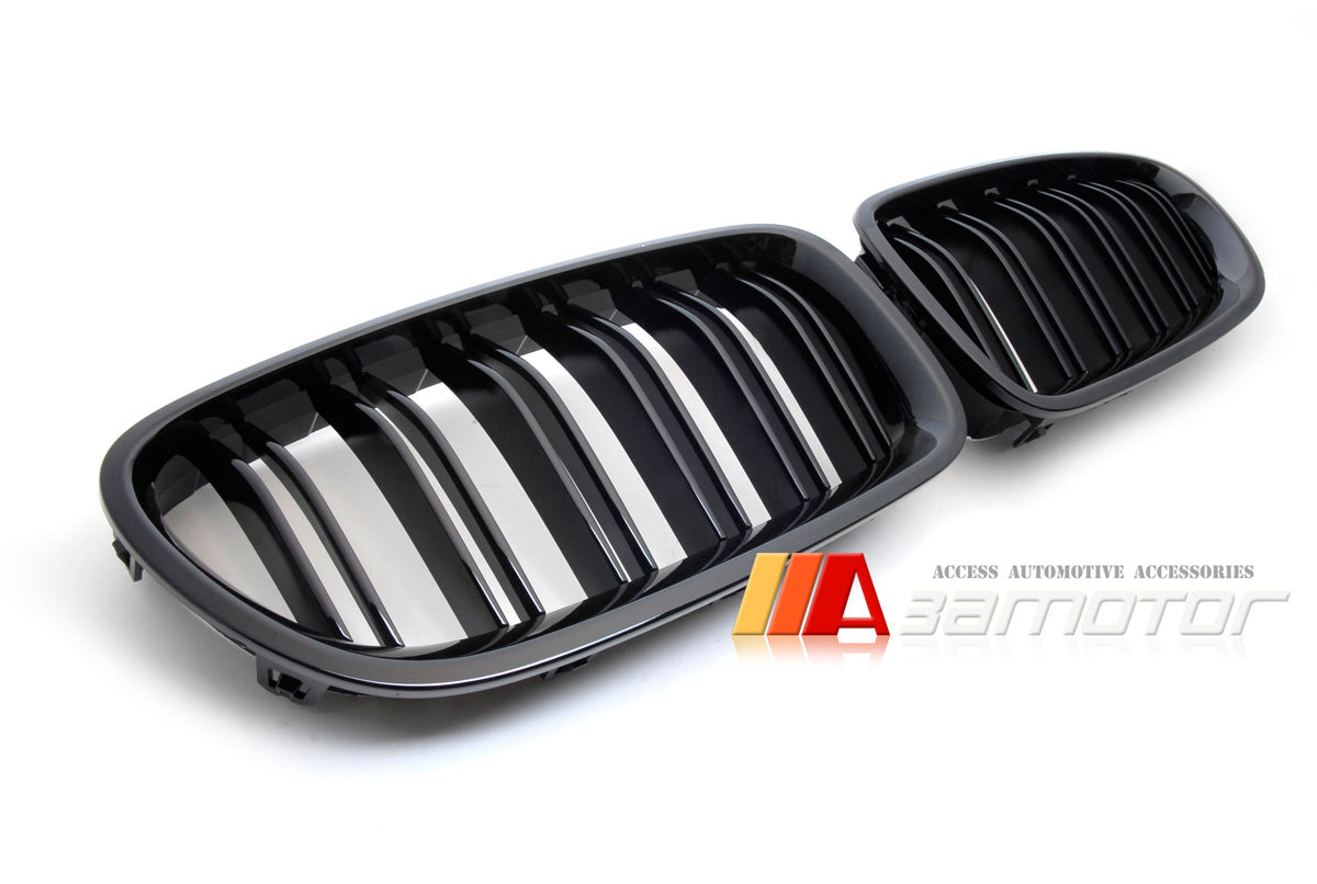 Front Hood Dual Slat Gloss Black Kidney Grilles Set fit for 2011-2016 BMW F10 / F11 5-Series