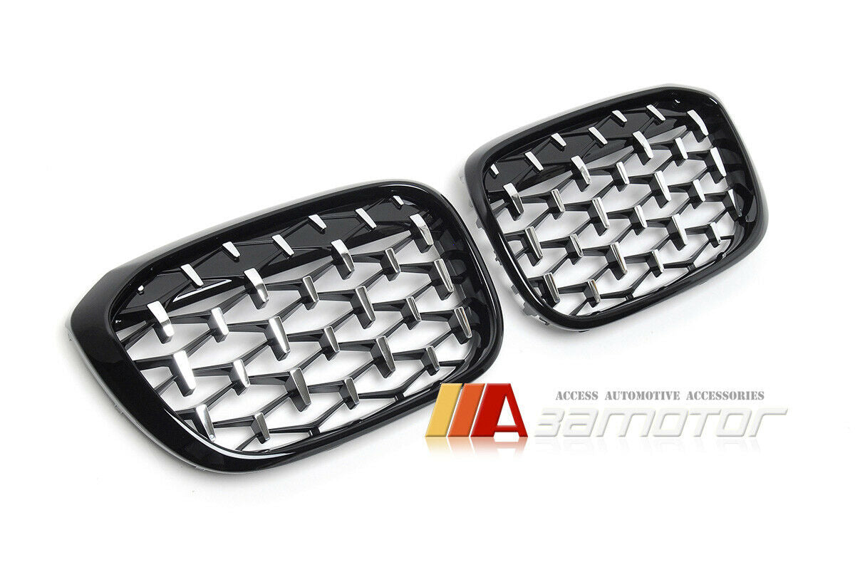 Gloss Black Silver Diamonds Front Kidney Grilles Set fit for 2018-2021 BMW G01 X3 / G02 X4