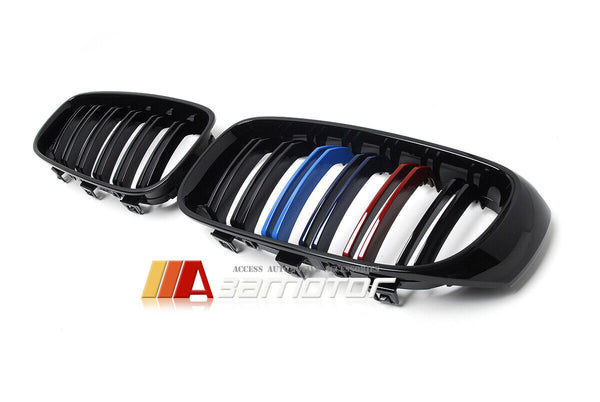 Gloss Black Dual Slat Style Front Grilles w/ M-Color fit for 2014-2016 BMW F34 3-Series GT
