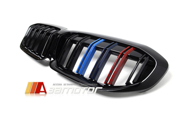 Gloss Black Dual Slat Style Front Grille w/ M-Color fit for 2019-2022 BMW G20 / G21 3-Series